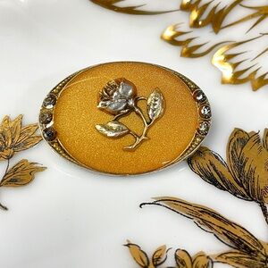 Vintage Catherine Popesco France Yellow Enamel Rose Crystal Brooch Art Deco Pin